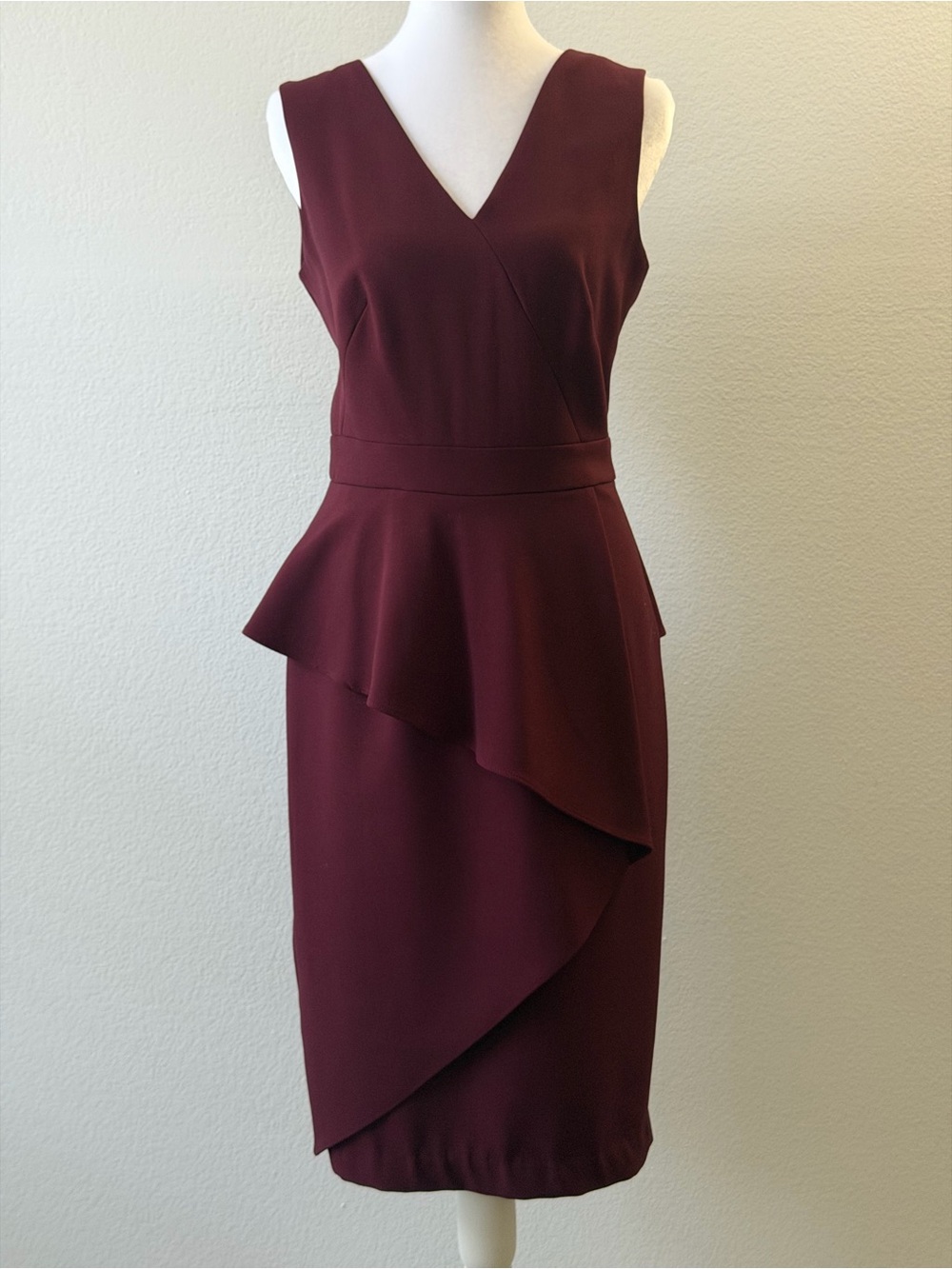 White House Black Market Burgundy Sleeveless V-Neck Peplum Midi Dress